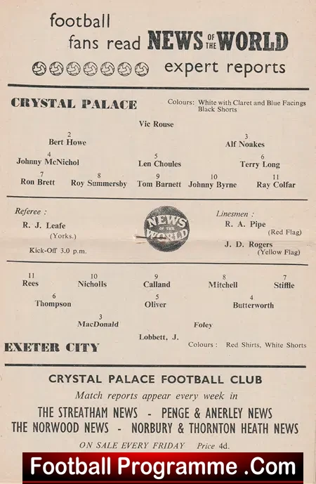 Crystal Palace v Exeter City 1959