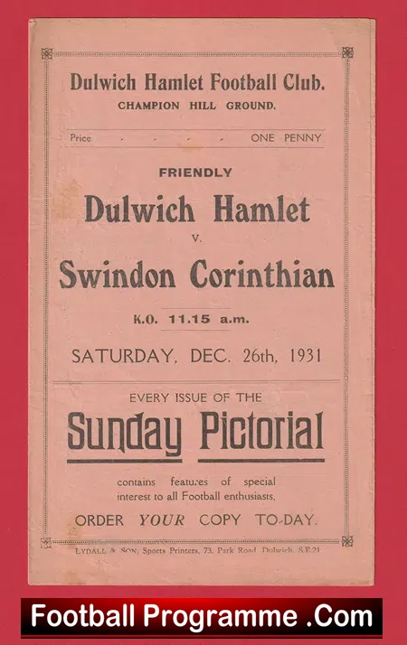 Dulwich Hamlet v Swindon Corinthian 1931 - 1930's - 30s