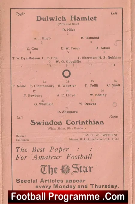 Dulwich Hamlet v Swindon Corinthian 1931 - 1930's - 30s