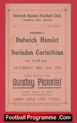 Dulwich Hamlet v Swindon Corinthian 1931 - 1930's - 30s - football programme