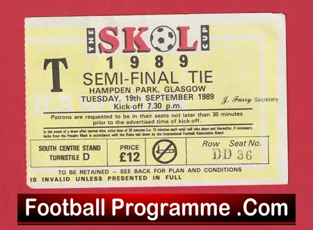 Dunfermline v Glasgow Rangers 1989 Scottish League Cup SF Ticket