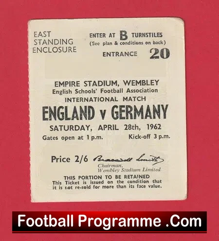 England v Germany 1962 – Football Ticket Schoolboys Wembley