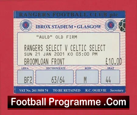 Glasgow Rangers v Glasgow Celtic 2001 – Friendly Football Ticket