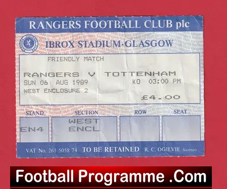 Glasgow Rangers v Tottenham 1989 – Football Ticket Ibrox