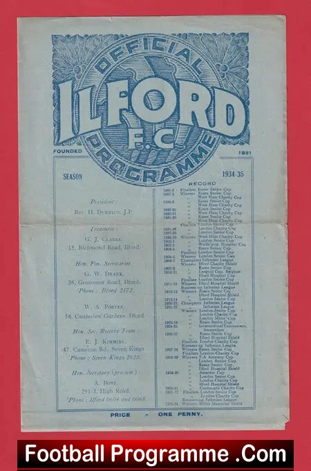 Ilford v Dulwich Hamlet 1934 – 1930’s Football Programme 30’s
