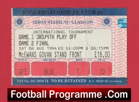 International Tournament Final Ibrox Stadium Glasgow 1994 Ticket