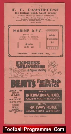 Marine Athletic v Earlestown White Star 1934 - 1930s Programme - football programme