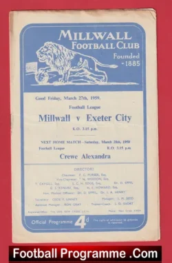Millwall v Exeter City 1959 - football programme