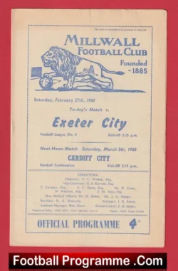Millwall v Exeter City 1960 - football programme
