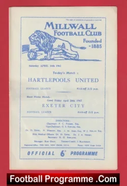 Millwall v Hartlepool United 1962 - football programme