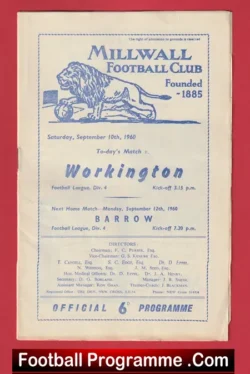Millwall v Workington 1960 - football programme