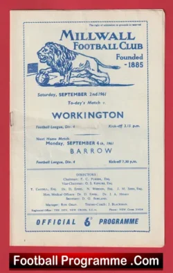 Millwall v Workington 1961 - football programme