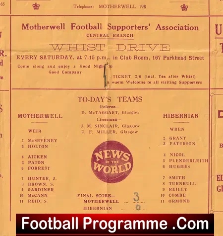 Motherwell v Hibernian Hibs 1957 - Multi Autographed SIGNED