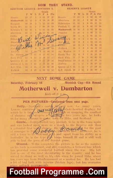 Motherwell v Hibernian Hibs 1957 - Multi Autographed SIGNED
