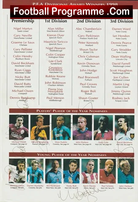 PFA Football Awards 1998 Multi SIGNED Stiles Giggs Owen Bergkamp