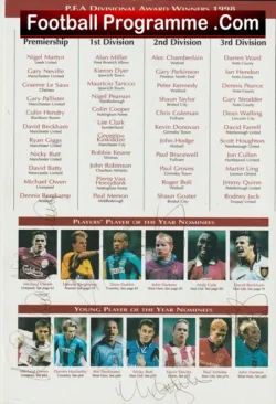 PFA Football Awards 1998 Multi SIGNED Stiles Giggs Owen Bergkamp - football memorabilia
