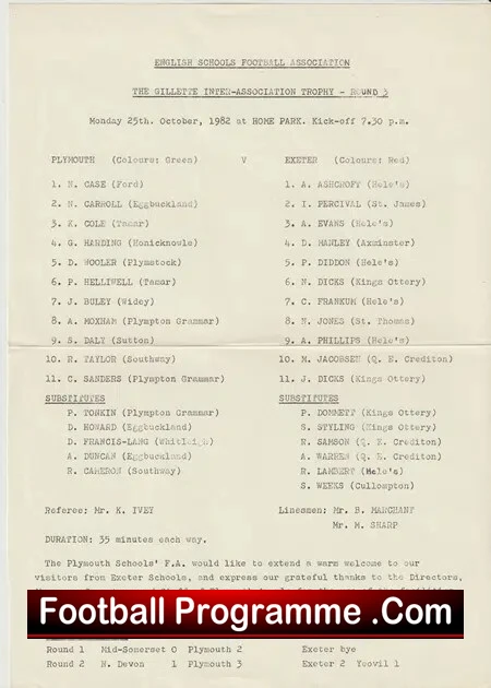 Plymouth v Exeter 1982 – English Schoolboys Trophy