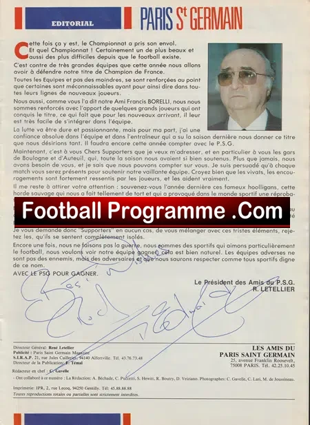 PSG Paris Saint-Germain v Metz 1986 - Multi Autographed SIGNED
