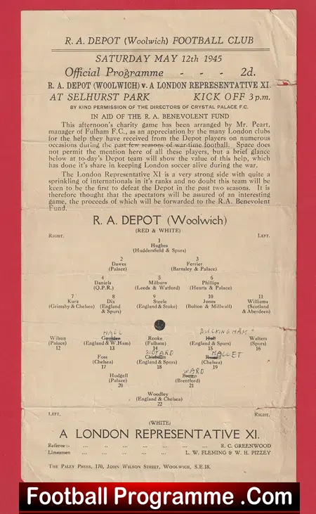 Royal Artillery Depot v London Representative XI 1945 – War Time Friendly