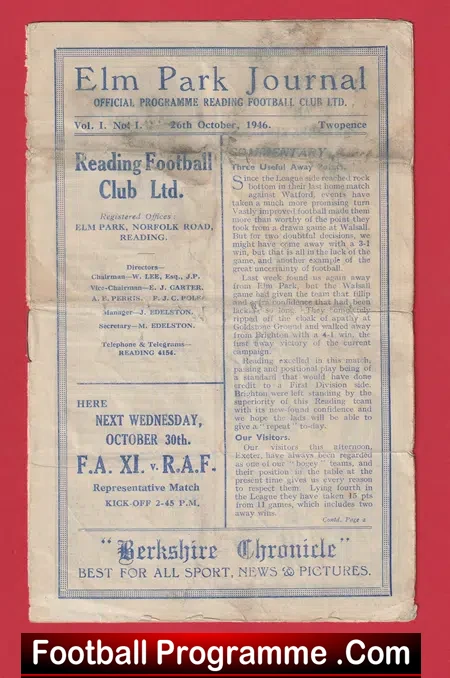 Reading v Exeter City 1946 - Issue One !