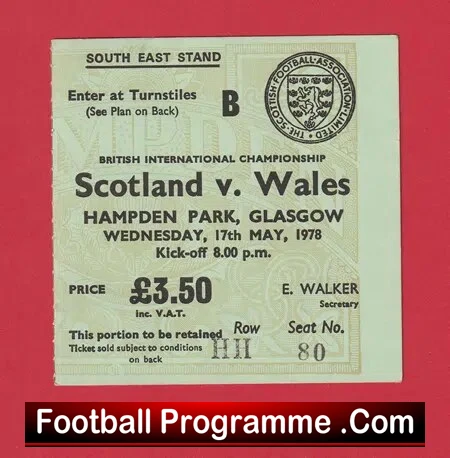 Scotland v Wales 1978 – Ticket Hampden Park Glasgow