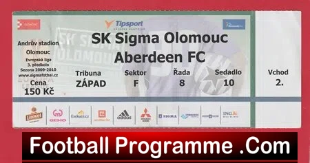 Sigma Olomouc v Aberdeen 2009 – Football Ticket – Czech