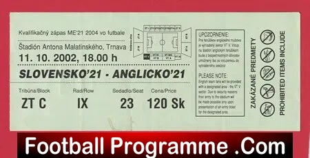 Slovenia v England 2002 – Football Ticket Under 21 U21