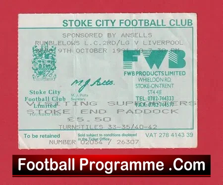 Stoke City v Liverpool 1991 – Football Ticket