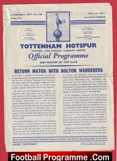 Tottenham Hotspur v Bolton Wanderers 1960