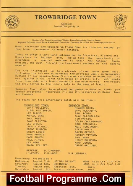 Trowbridge Town v Swindon Town 1988 – Pre Season Friendly Match