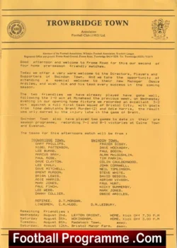 Trowbridge Town v Swindon Town 1988 – Pre Season Friendly Match