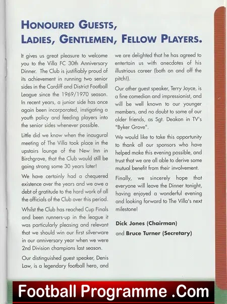 Villa FC 30th Anniversary 1969 - 1999 - SIGNED Denis Law