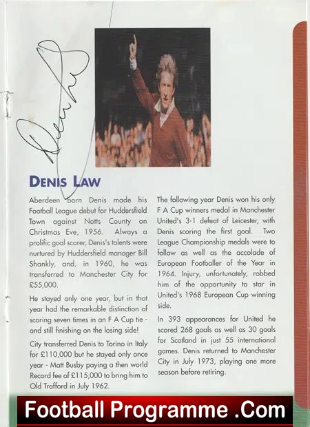 Villa FC 30th Anniversary 1969 - 1999 - SIGNED Denis Law