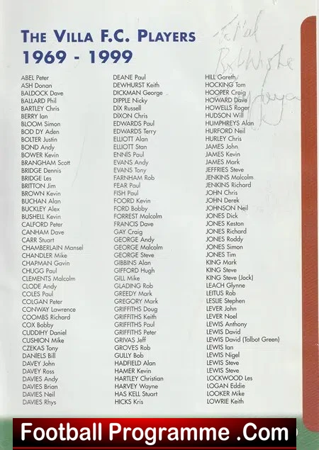 Villa FC 30th Anniversary 1969 - 1999 - SIGNED Denis Law