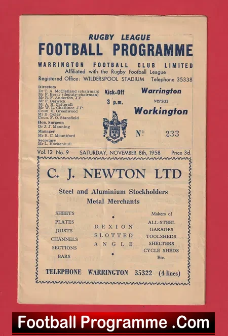 Warrington Rugby v Workington Town 1958 – 1950s