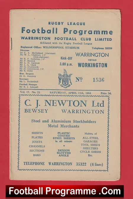 Warrington Rugby v Workington Town 1964