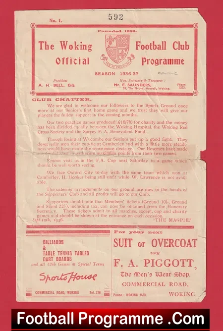 Woking v Oxford City 1936 – 1930s Programme 30s