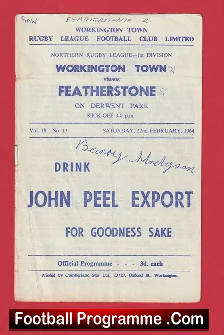 Workington Town Rugby v Featherstone Rovers 1964 – Signed