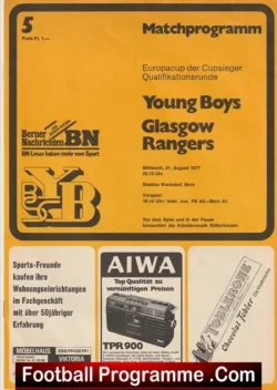 Young Boys v Glasgow Rangers 1977 - Germany - football programme