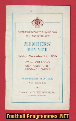 British Motor Cycle Racing Club Members Dinner Menu London 1930