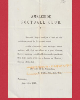 Ambleside Football Club Official Issue Letter 1877 1800s ANTIQUE