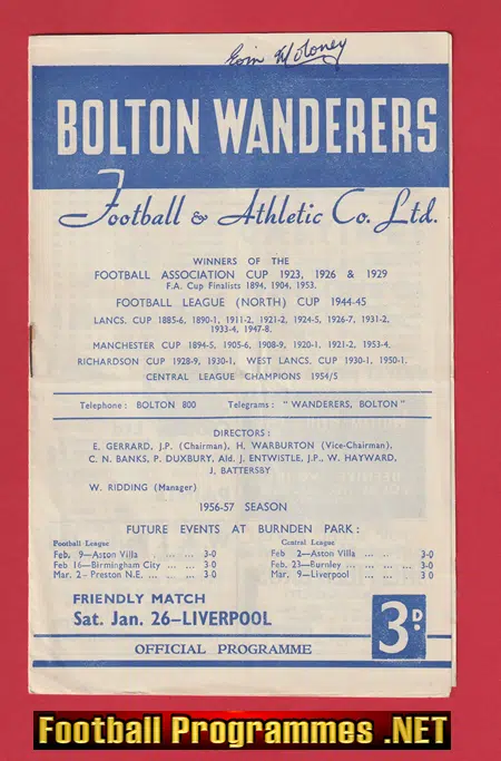 Bolton Wanderers v Liverpool 1957 - Autographed SIGNED