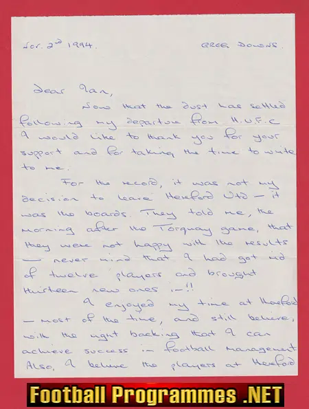 Hereford United Greg Down Hand Written Letter Signed 1994