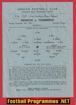 Hendon v Tonbridge 1950 – FA Cup Match Programme