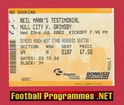 Neil Mann Testimonial Benefit Match Ticket Hull City 2003