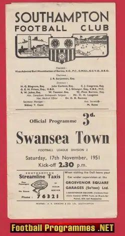 Southampton v Swansea Town 1951 - Official Football Programme