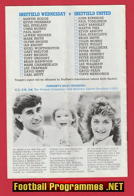 Mark Smith Testimonial Benefit Game Sheffield Wednesday 1986