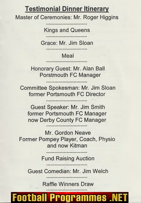 Portsmouth Gordon Neave Testimonial Dinner Menu 1999 SIGNED