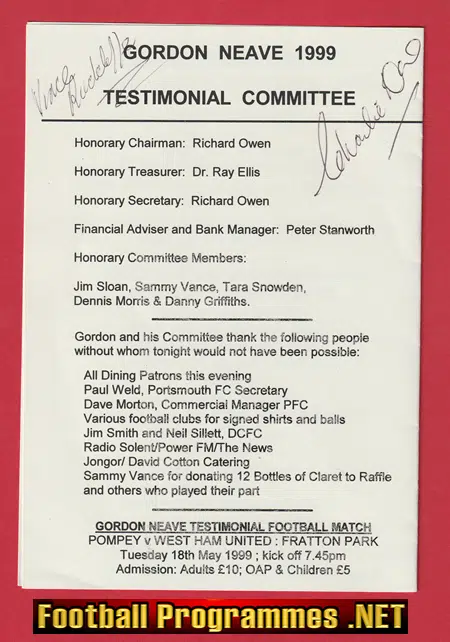 Portsmouth Gordon Neave Testimonial Dinner Menu 1999 SIGNED
