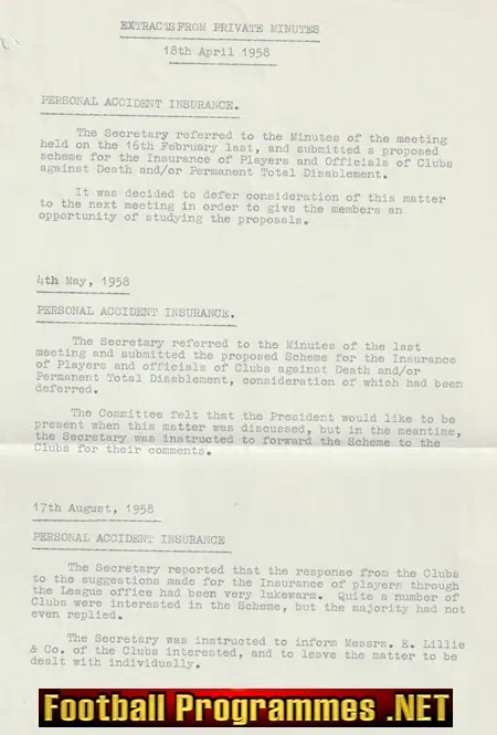 Manchester United - Genuine FA Minutes re Insurance MUNICH 1958